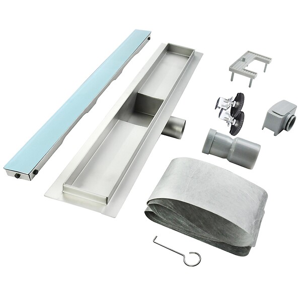 SANIVERRE - HIDY Caniveau de douche L.70 cm verre blanc et acier inoxydable, siphon anti-odeurs, drainage performant - large