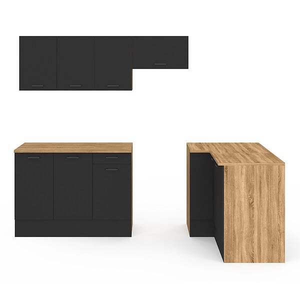ID MARKET - Cuisine complète d'angle 400 cm SUBTIL avec plan de travail 7 élements bois et noir - large