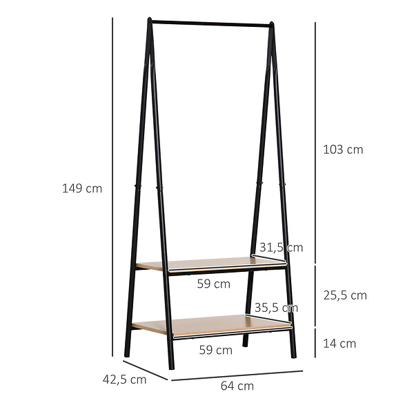 OUTSUNNY - Portant à vêtements penderie style contemporain triangulaire dim. 64L x 43l x 149H cm 2 étagères MDF bois clair acier noir - large