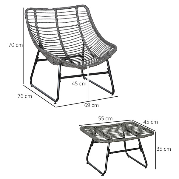 OUTSUNNY - Fauteuil de jardin avec repose-pieds - 2 coussins polyester inclus - métal époxy résine tressée aspect rotin gris - large