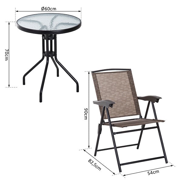 OUTSUNNY - Ensemble de jardin 3 pièces 2 chaises inclinables multi-positions pliables + table ronde verre trempé métal époxy textilène chocolat - large