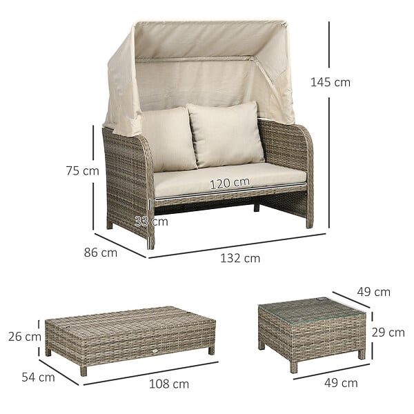 OUTSUNNY - Ensemble salon de jardin 2 places 4 pcs - canapé, repose-pieds, 2 tables basses - coussins inclus - résine grise polyester kaki - large