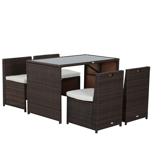 OUTSUNNY - Ensemble salon de jardin encastrable 4 chaises monoblocs avec coussins déhoussables et table résine tressée chocolat - large