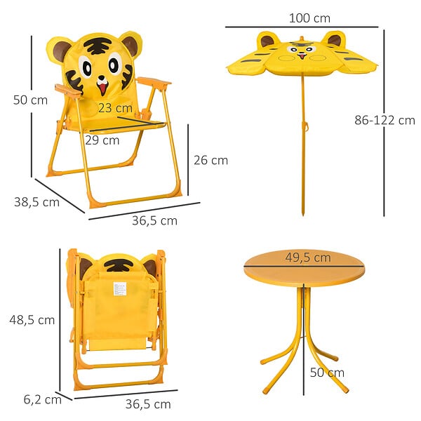 OUTSUNNY - Ensemble salon de jardin enfant 4 pcs design tigre - table ronde + 2 chaises pliables + parasol - métal époxy oxford jaune - large