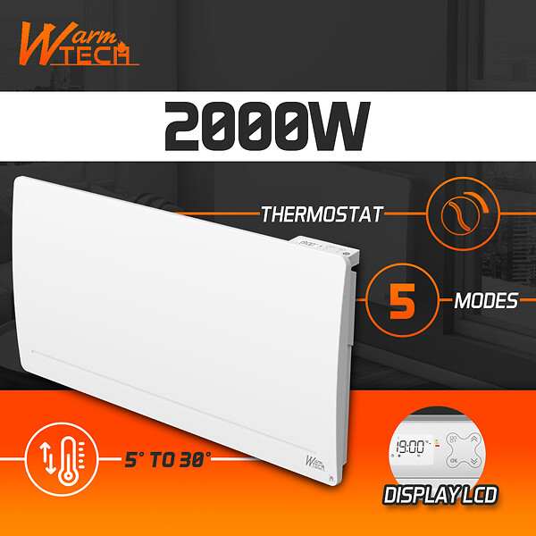 WARM TECH - Radiateur inertie fonte 2000 W - IP24 - NF - Fil pilote 6 ordres. - large