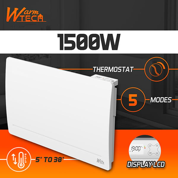 WARM TECH - Radiateur inertie fonte 1500 W - IP24 - NF - Fil pilote 6 ordres. - large