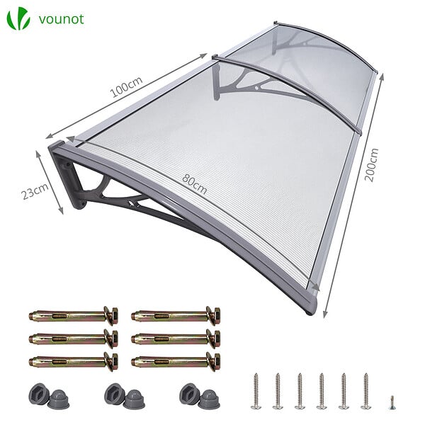 VOUNOT - Auvent de porte marquise 200x80 cm transparent en Polycarbonate anti UV Gris - large