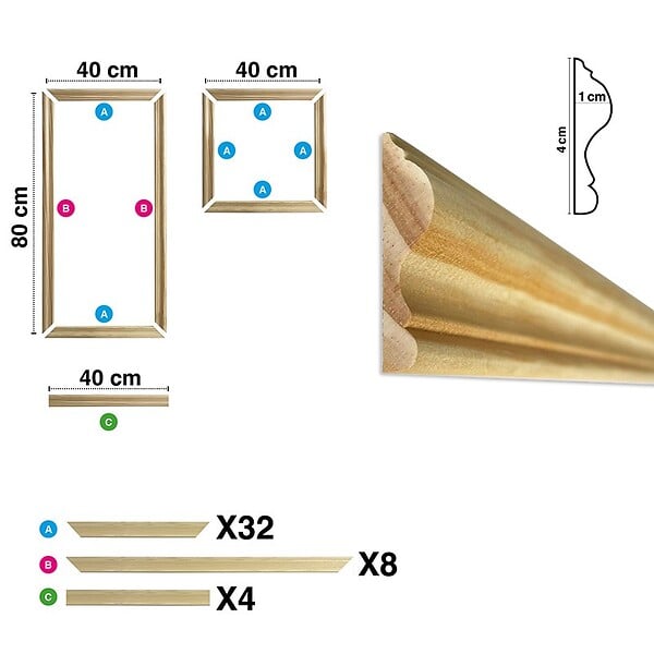 99DECO - Kit de 12 moulures murales en bois Pin des Landes - Prêt à coller et peindre - Jeanne - 1,6 mètres - large