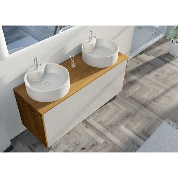 DISTRIBAIN - Meuble double vasque VENEZIA Bois Naturel et Blanc mat (sans miroir) - large