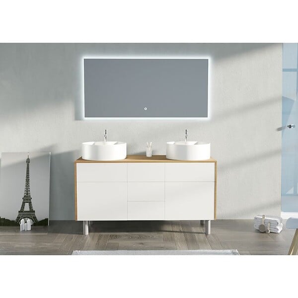 DISTRIBAIN - Meuble double vasque VENEZIA Bois Naturel et Blanc mat (sans miroir) - large