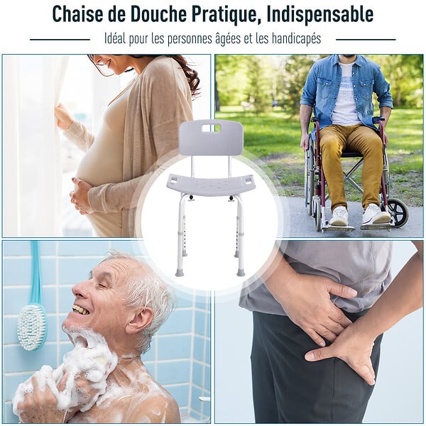 HOMCOM - Chaise de douche siège de douche ergonomique hauteur réglable pieds antidérapants charge max. 136 Kg alu HDPE gris - large