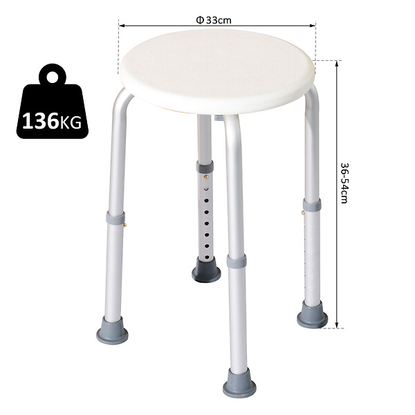 HOMCOM - Tabouret de douche réglable en hauteur siège de douche ergonomique pieds antidérapants charge max. 136 Kg alu HDPE blanc - large