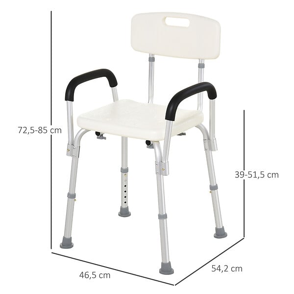HOMCOM - Chaise de douche siège de douche ergonomique hauteur réglable pieds antidérapants dossier accoudoirs amovibles charge max. 136 Kg alu HDPE blanc - large