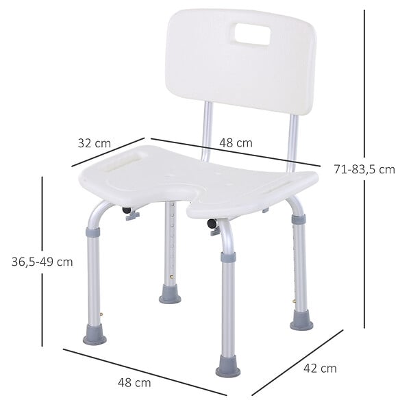 HOMCOM - Chaise de douche siège de douche ergonomique hauteur assise réglable pieds antidérapants charge max. 136 Kg alu HDPE blanc - large
