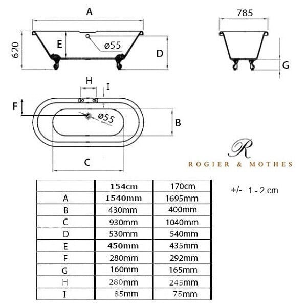 ROGIER & MOTHES - Baignoire sur pieds rétro CHELSEA Blanche 170 cm Pieds de Lion Cuivre rouge vieilli - large