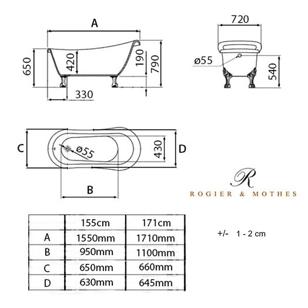 ROGIER & MOTHES - Baignoire sur pieds rétro RICHMOND Blanche 155 cm Pieds de Lion Dorés - large