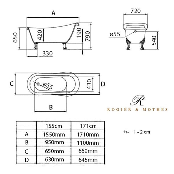 ROGIER & MOTHES - Baignoire sur pieds rétro RICHMOND Blanche 155 cm Pieds de Lion Cuivre rouge vieilli - large
