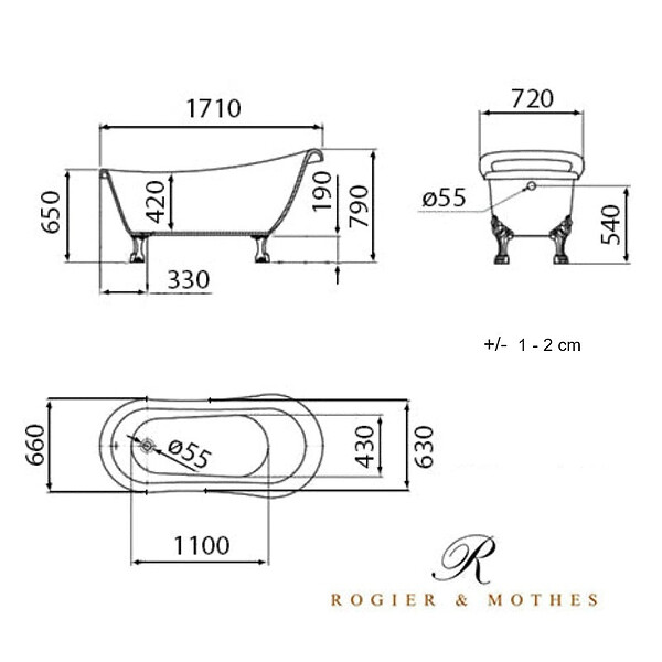 ROGIER & MOTHES - Baignoire sur pieds rétro RICHMOND Noire 171 cm Pieds de Lion Chromés - large