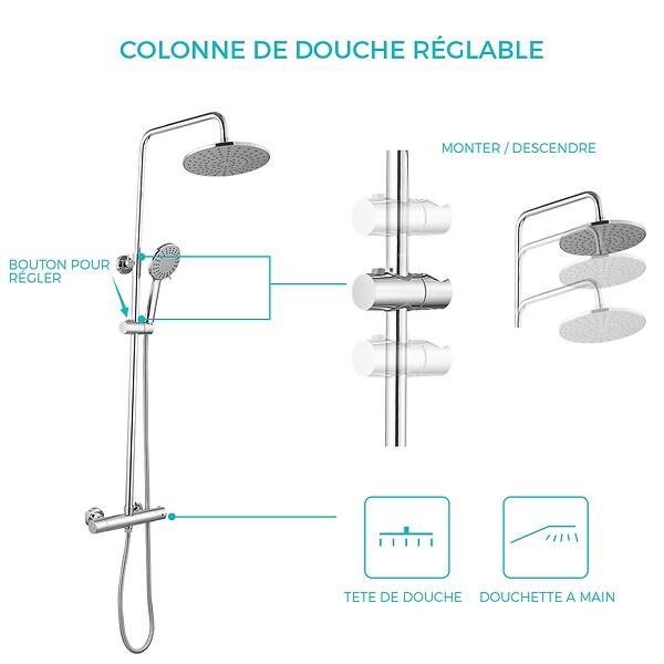SANIVERRE - OCEA Colonne de douche thermostatique hauteur réglable, Chrome brillant - large