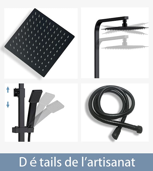AICA SANITAIRE - AICA colonne de douche thermostatique noir mat avec douche de tête carrée 20X20cm, réglable en hauteur 730-1150mm - large