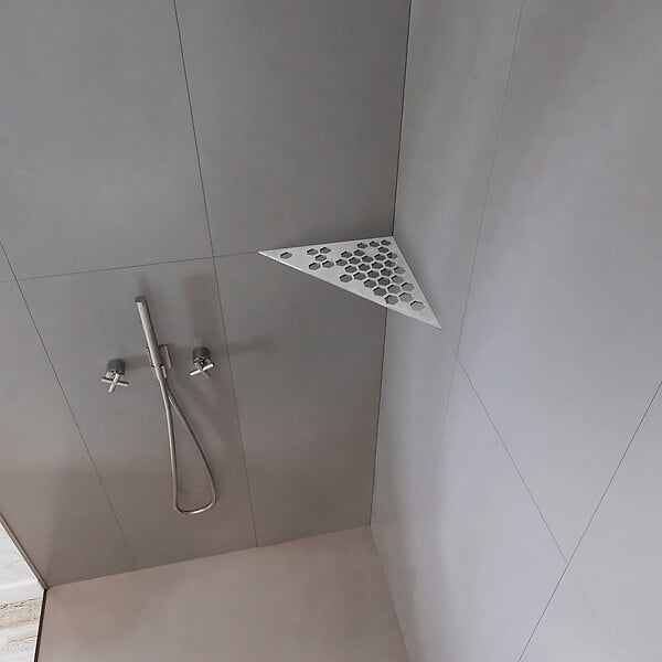 U-TILE - Etagère de douche en acier inox 20,4 x 20,4 cm x 2 mm - Triangulaire design Hexagone - fixation sans perçage - large