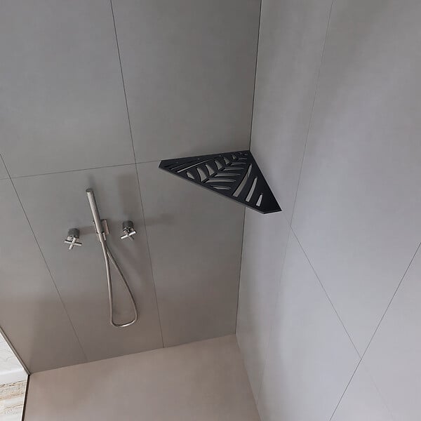 U-TILE - Etagère de douche en acier inox noir 20,4 x 20,4 cm x 2 mm -  Pentagone design Jungle - fixation sans perçage - large