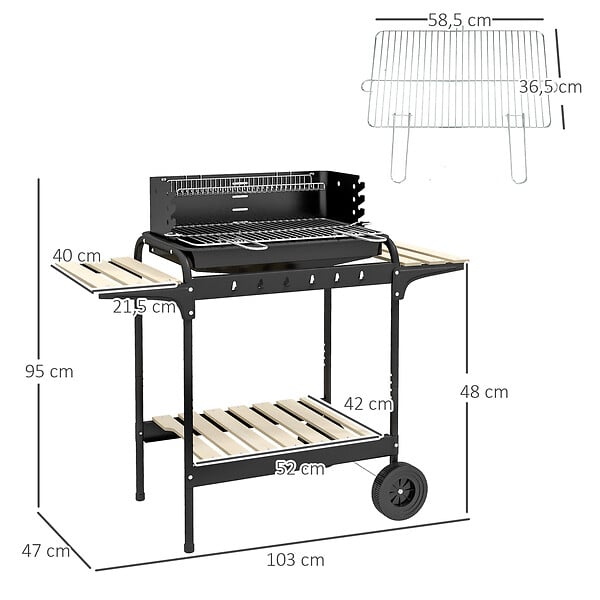 OUTSUNNY - Barbecue à charbon sur pied grille réglable 2 roues 3 étagères récupérateur de cendres noir - large