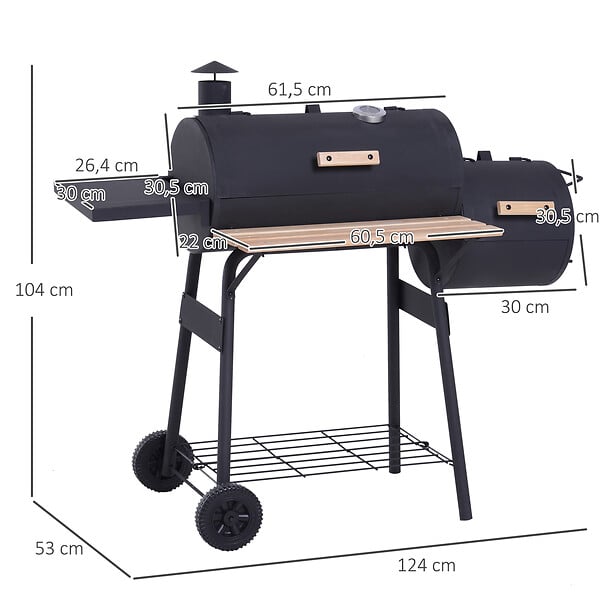 OUTSUNNY - Barbecue à charbon fumoir BBQ grill smoker sur pied avec couvercle, roulettes, thermomètre, étagères  acier laminé à froid noir - large