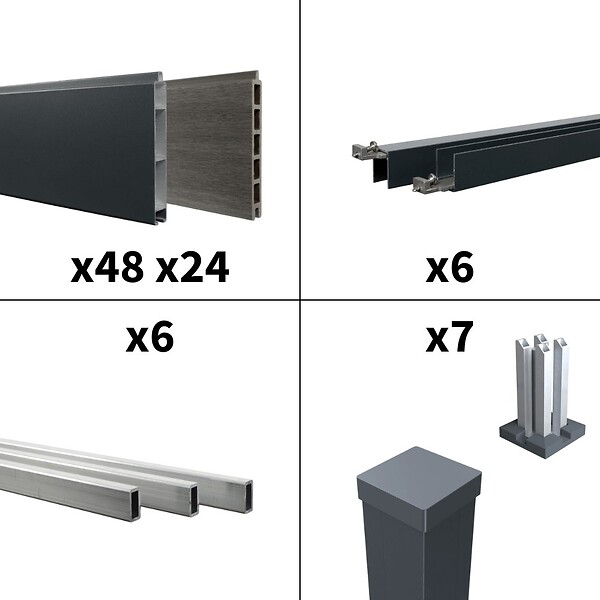 DECKLINEA - Kit Clôture Aluminium BAHIA & CRUZ Ardoise 11,03x1,8m - Aluminium et bois composite - Poteaux sur Platines gris - Brise vue - Palissade - large