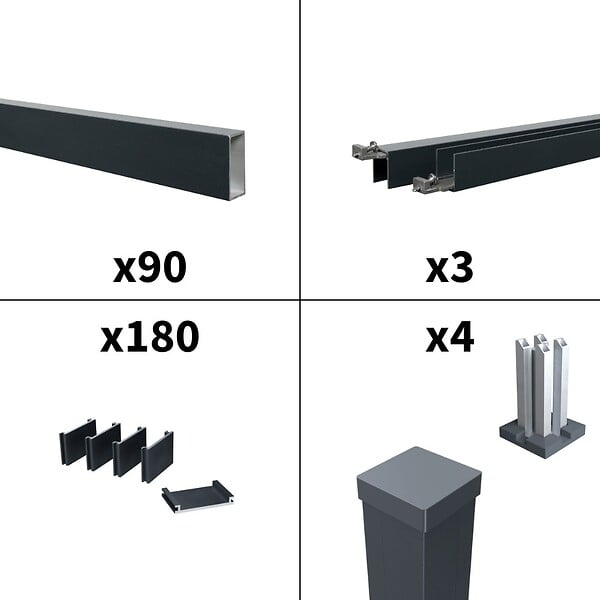 DECKLINEA - Kit Clôture Ajourée Aluminium OLINDA Anthracite 5,5x1,8m Poteaux sur Platines - Dimension des Lames : 21x45x1780 mm - Brise vue - Palissade - large