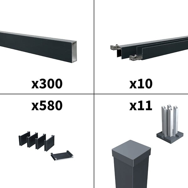 DECKLINEA - Kit Clôture Ajourée Aluminium OLINDA Anthracite 18,33x1,8m Poteaux sur Platines - Dimension des Lames : 21x45x1780 mm - Brise vue - Palissade - large