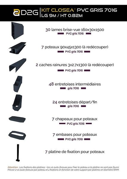 CLOSEA - Kit cloture - Lame 16cm  - PVC Gris - LG: 9m x H: 0m82 - large