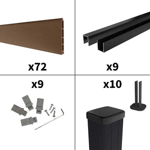 DECKLINEA - Kit Clôture Composite sur Muret RIO Bronze 16,5x1,2m - Bois composite & Aluminium - Poteaux sur Platines Noir - Brise vue - large