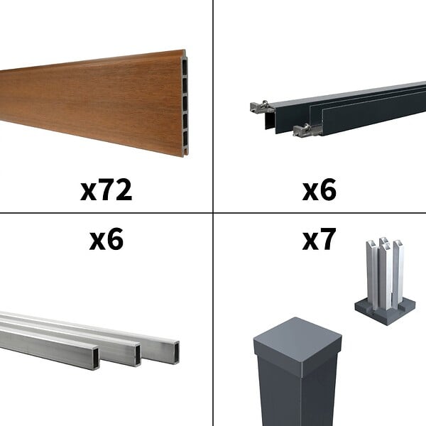 DECKLINEA - Kit Clôture Composite CRUZ Teck 11x1,8m - Bois composite & Aluminium - Poteaux sur Platines Gris - Brise vue - Palissade - large