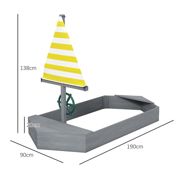 OUTSUNNY - Bac à sable enfant design bateau - dim. 190L x 90l x 138H cm - voile, gouvernail - bois gris - large