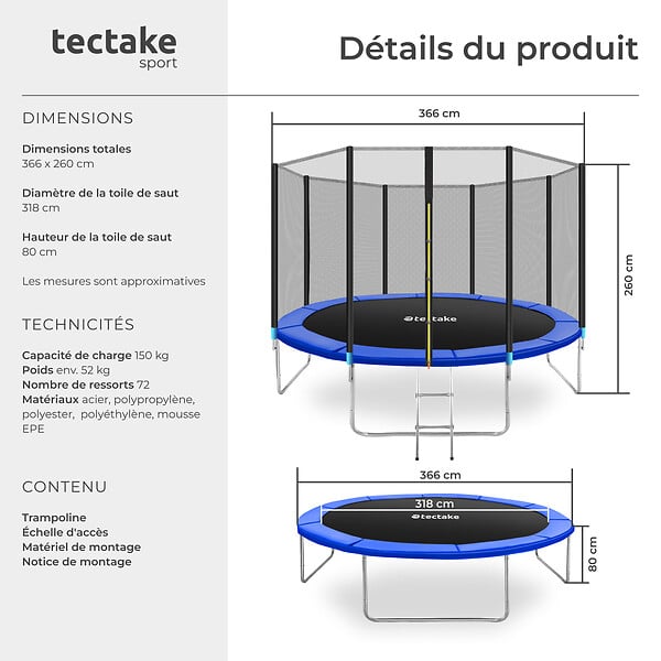 TECTAKE - Trampoline modèle B noir/bleu - large