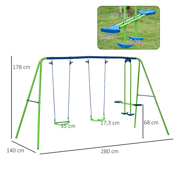 OUTSUNNY - Balançoire 3 agrès portique avec 2 balançoires et face à face dim. 2,8L x 1,4l x 1,78H m métal époxy anticorrosion PE vert bleu - large