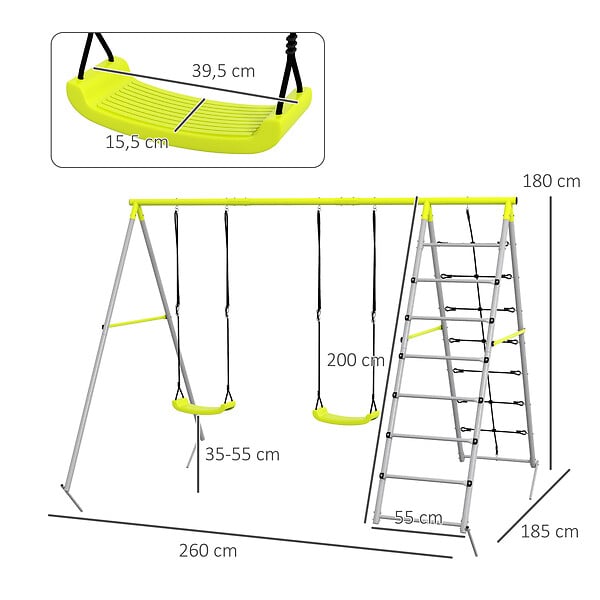 OUTSUNNY - Balançoire portique 4 agrès - 2 balançoires, 2 échelles - dim. 2,6L x 1,85l x 1,8H m - métal époxy PE gris vert - large