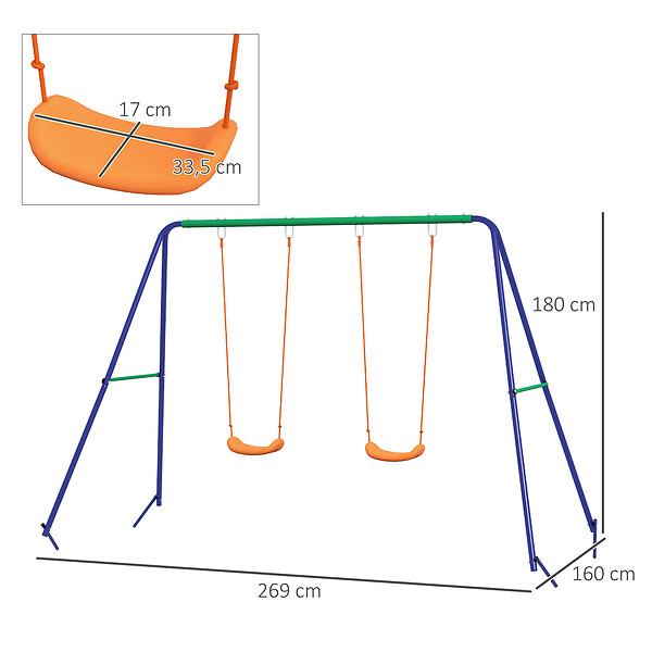 OUTSUNNY - Balançoire 2 agrès portique avec 2 balançoires dim. 2,69L x 1,6l x 1,8H m métal époxy anticorrosion vert bleu PP orange - large