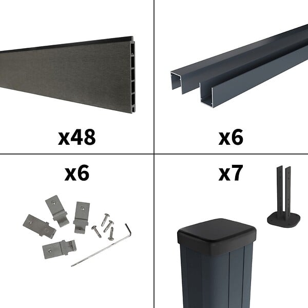 DECKLINEA - Kit Clôture Composite sur Muret RIO Anthracite 11x1,2m - Bois composite & Aluminium - Poteaux sur Platines Gris - Brise vue - large