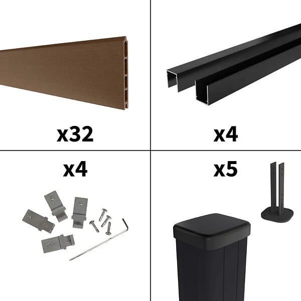DECKLINEA - Kit Clôture Composite sur Muret RIO Bronze 7,5x1,2m - Bois composite & Aluminium - Poteaux sur Platines Noir - Brise vue - large