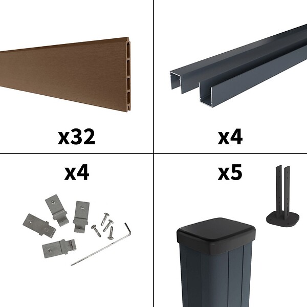 DECKLINEA - Kit Clôture Composite sur Muret RIO Bronze 7,5x1,2m - Bois composite & Aluminium - Poteaux sur Platines Gris - Brise vue - large
