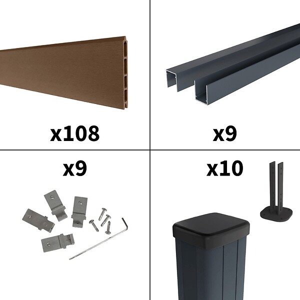 DECKLINEA - Kit Clôture Composite RIO Bronze 16,5x1,8m - Bois composite & Aluminium - Poteaux sur Platines Gris - Brise vue - large