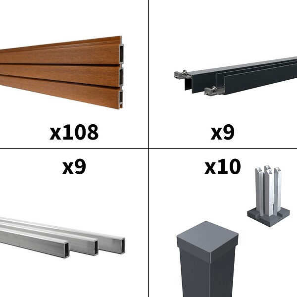 DECKLINEA - Kit Clôture Composite SANTOS Teck 16,5x1,8m - Bois composite & Aluminium - Poteaux sur Platines Gris - Brise vue - Palissade - large