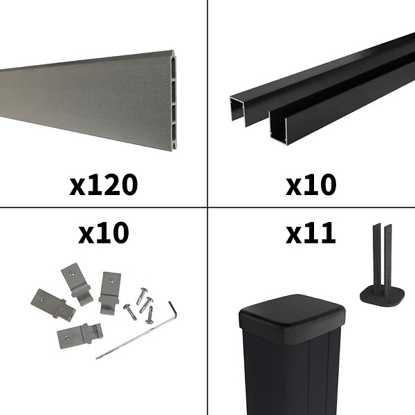 DECKLINEA - Kit Clôture Composite RIO Platines 18x1,8m - Bois composite & Aluminium - Poteaux Noir sur Platines - Brise vue - large