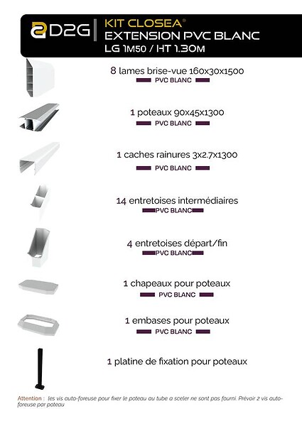 CLOSEA - Kit extension clôture PVC blanc – lg : 1m50 x ht : 1m30 - large
