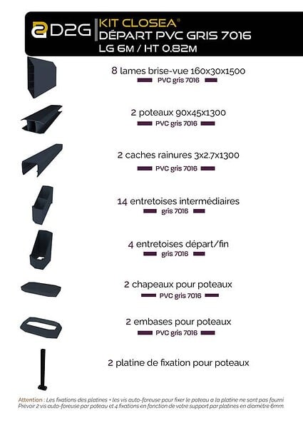 CLOSEA - Kit depart clôture PVC gris - lg : 1m50 x ht :1m30 - large