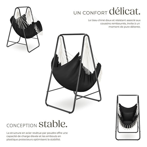 TECTAKE - Fauteuil suspendu ALISON style boho avec une capacité de charge de 160kg noir - large