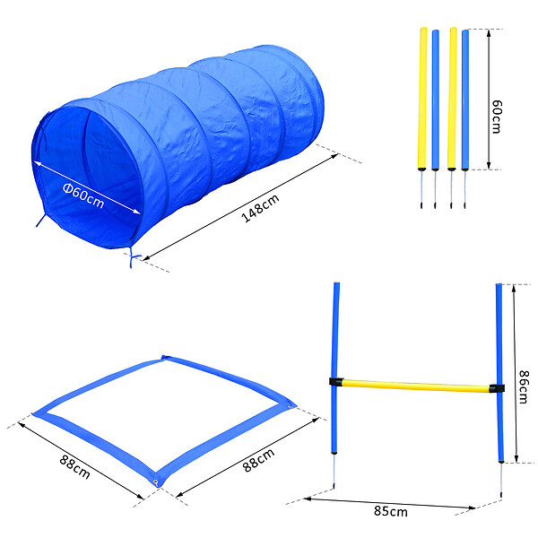 PAWHUT - Agility sport pour chiens équipement complet obstacles, tunnel, slalom, zone repos + 2 sacs de transport bleu jaune - large