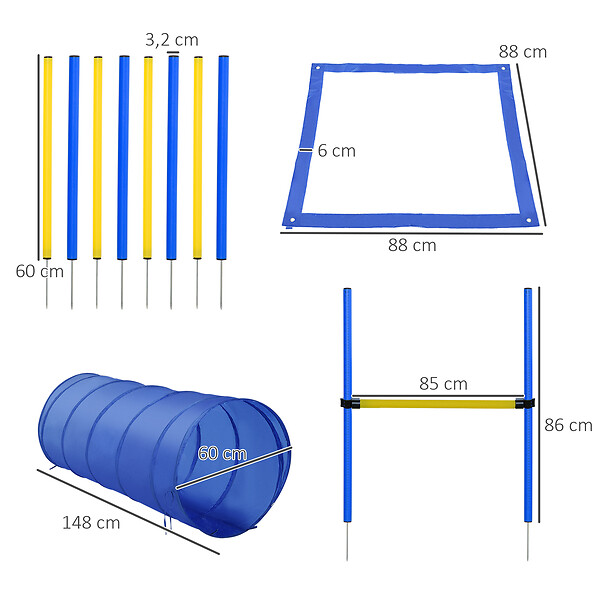PAWHUT - Agility sport pour chiens équipement complet obstacle, tunnel, slalom, zone repos + sac de transport bleu jaune - large